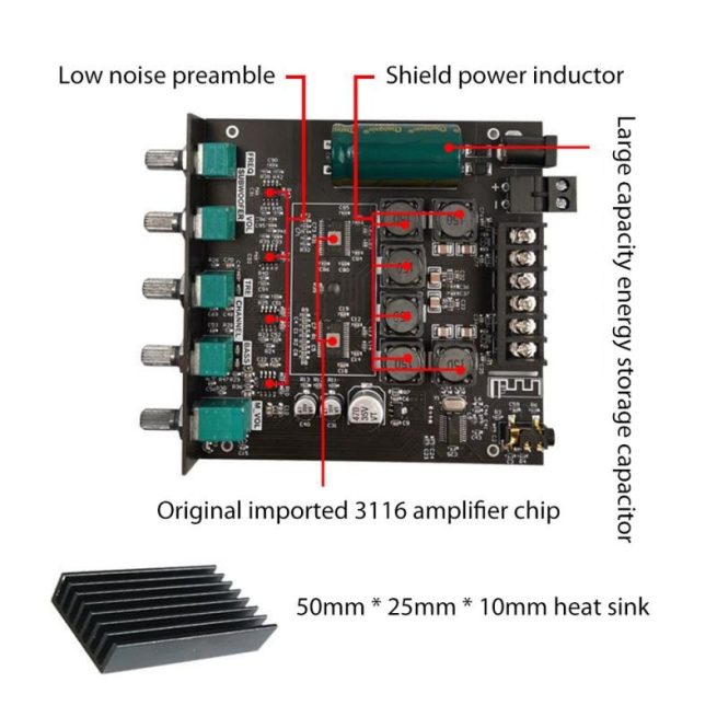 IOT-Audios 50W+50W+100W 2.1 Channel Subwoofer Amplifier Board with Treble and Bass Control, Dual TPA3116 Chip, DC 12-24V, Bluetooth and AUX Inputs, DIY Wireless Speakers AMP Board
