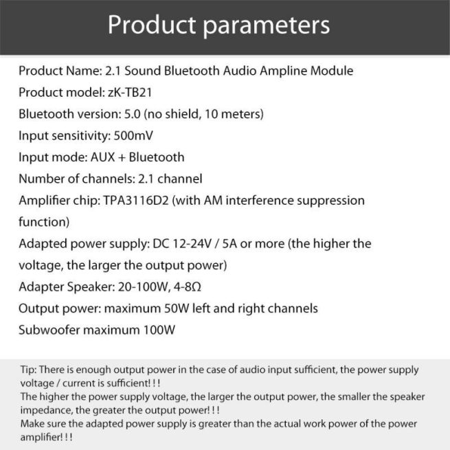 IOT-Audios 50W+50W+100W 2.1 Channel Subwoofer Amplifier Board with Treble and Bass Control, Dual TPA3116 Chip, DC 12-24V, Bluetooth and AUX Inputs, DIY Wireless Speakers AMP Board
