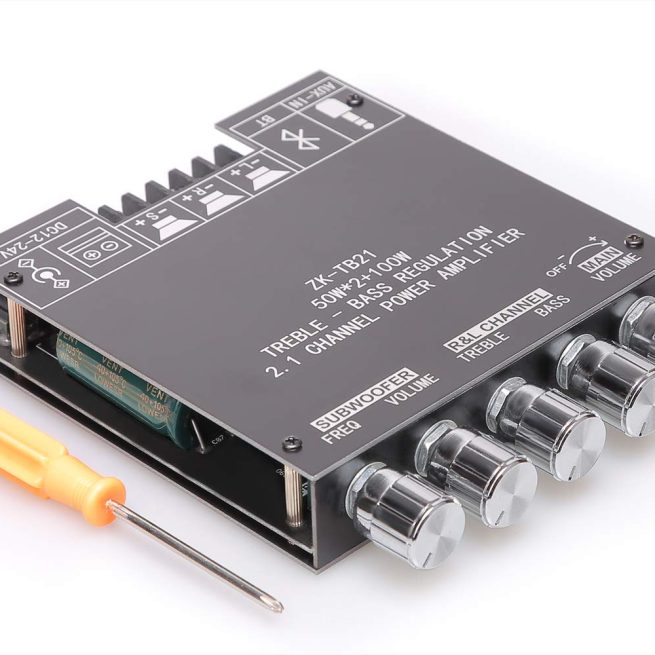 IOT-Audios 50W+50W+100W 2.1 Channel Subwoofer Amplifier Board with Treble and Bass Control, Dual TPA3116 Chip, DC 12-24V, Bluetooth and AUX Inputs, DIY Wireless Speakers AMP Board